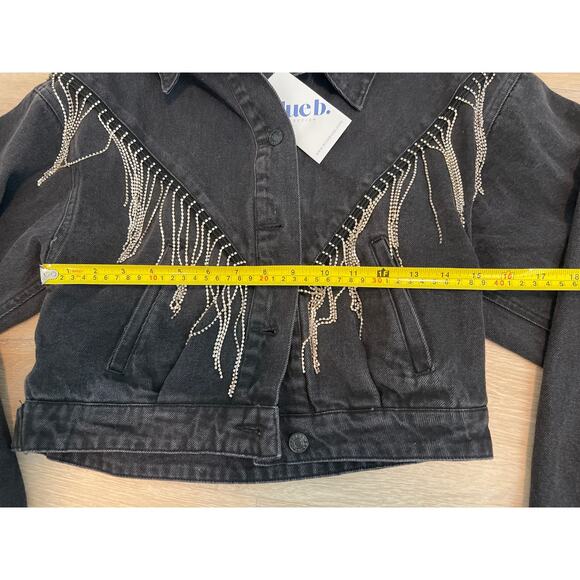 Blue B Rhinestone Fringe Denim Jacket Size Small Black Western Concert Rodeo - Picture 5 of 9